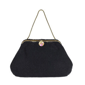 Vintage Hand Made in France Black Seed Bead Purse Limoges Style Porcelain Clasp